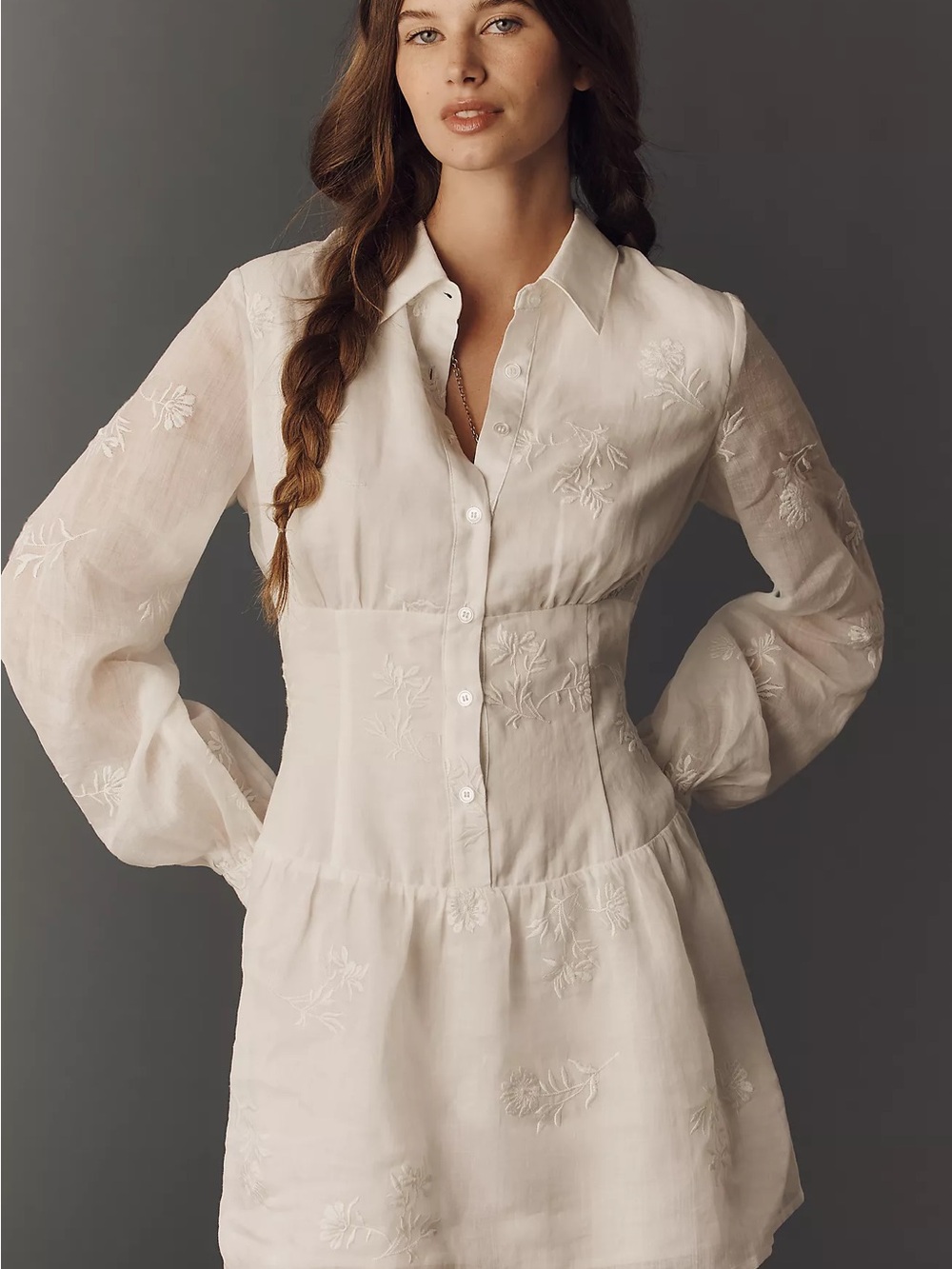 Anthropologie Ivory Embroidered Long-Sleeve Button Dress